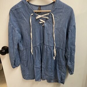 Stetson Jean Blouse Western Cowgirl Americana USA Peasant Top Small